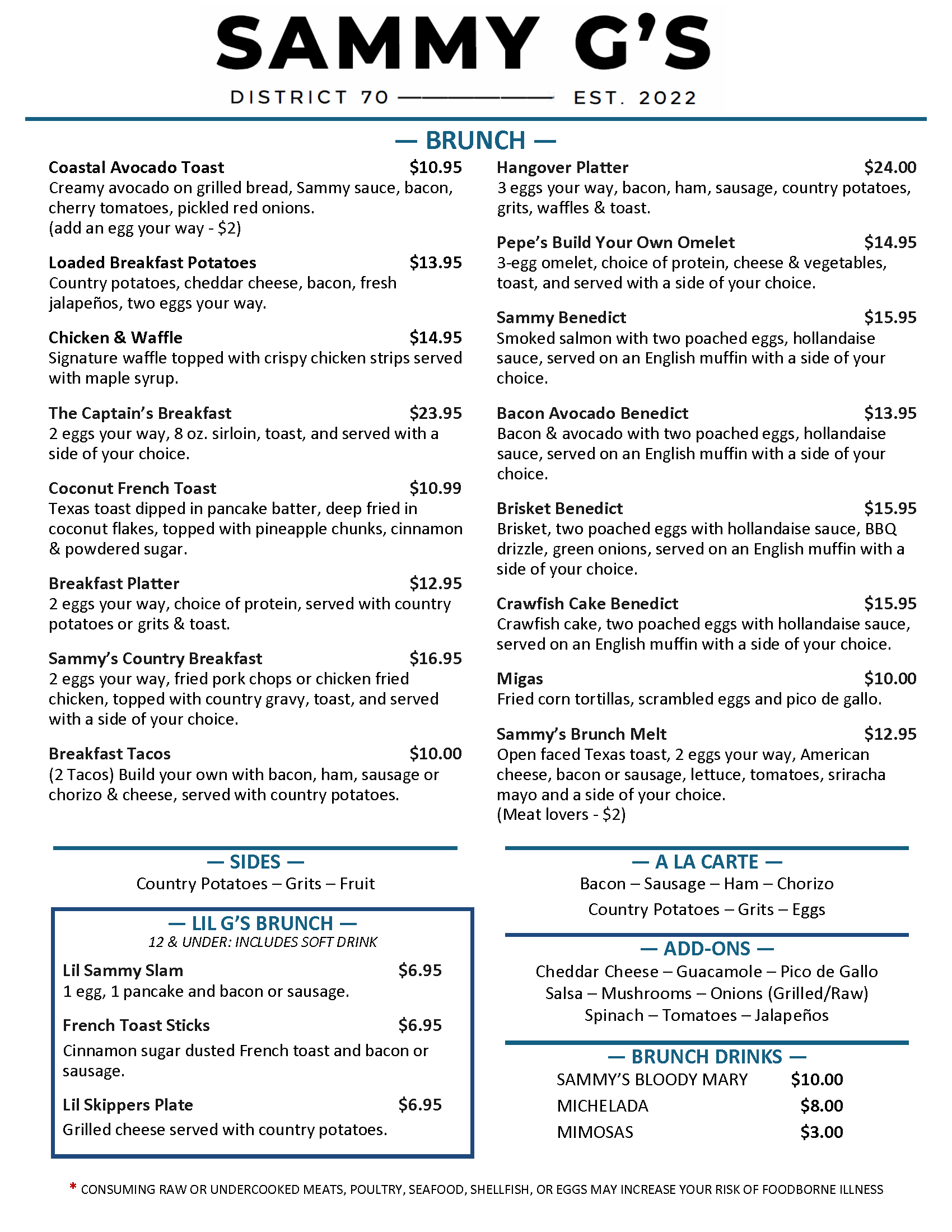 Sammy G's brunch menu served Saturday and Sunday 10A to 3P
