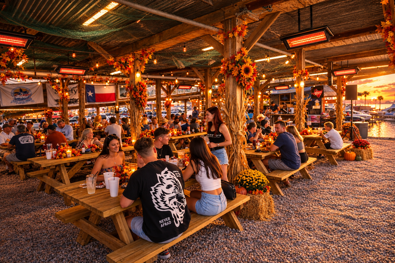 Holiday-themed visualization of a waterfront patio gathering
