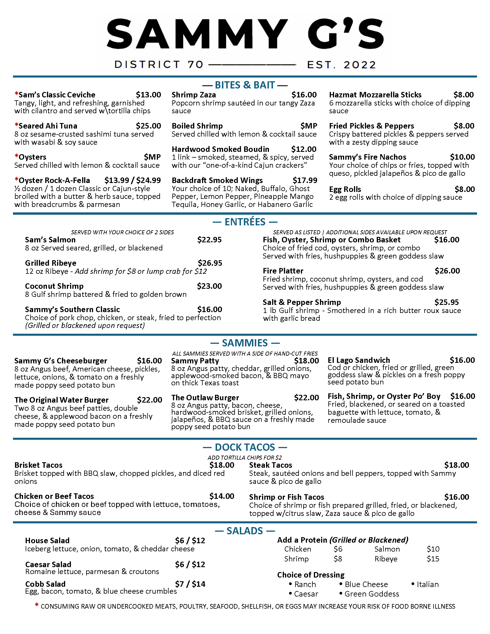 Sammy G's main menu front page