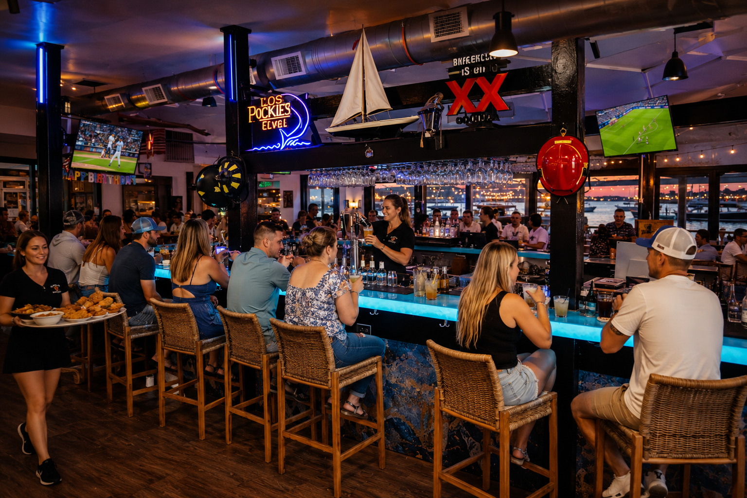 Sammy G's bar ambiance at sunset with guests seated at the bar