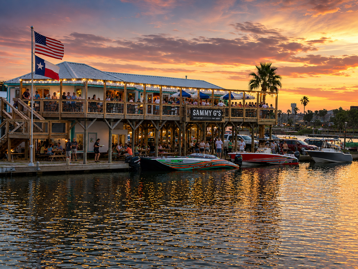 Sammy G's waterfront dining exterior at sunset