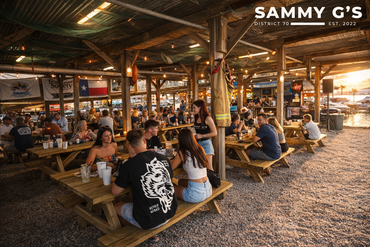 Busy downstairs patio dining at sunset