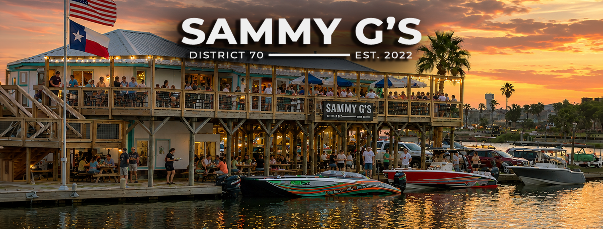 Sammy G's Facebook cover image with waterfront restaurant at sunset