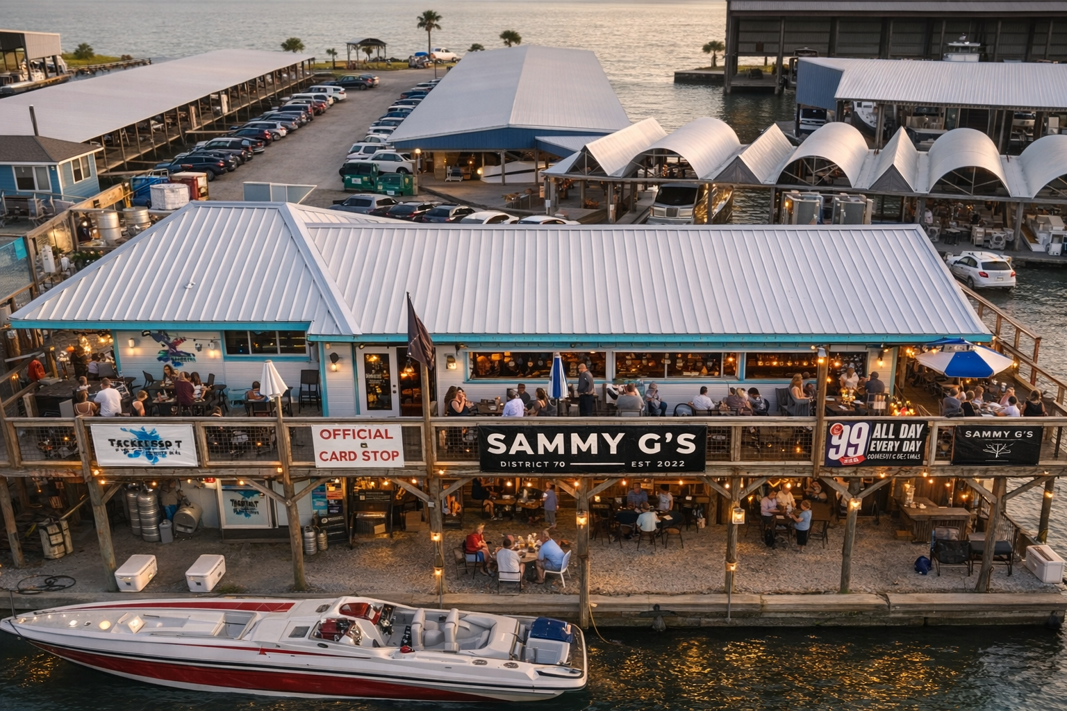 Aerial view of Sammy G's waterfront restaurant building and dock