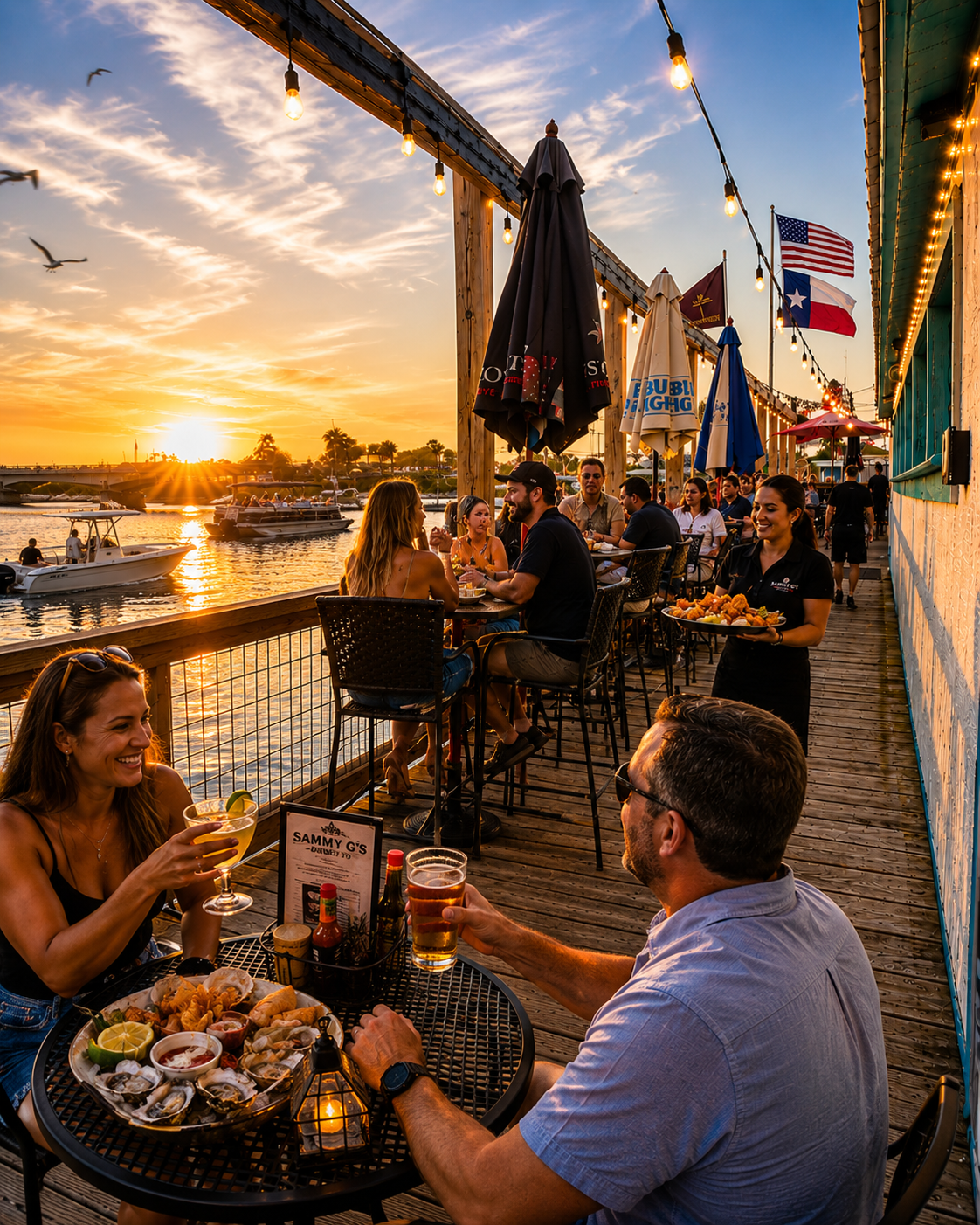 Sammy G's waterfront deck at sunset